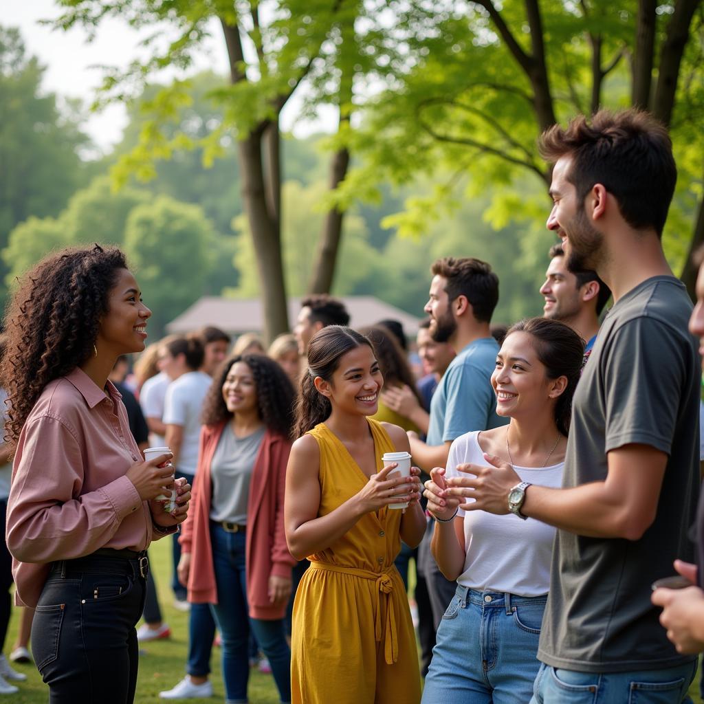 People from diverse backgrounds coming together for a community event in a peaceful and welcoming suburban setting.