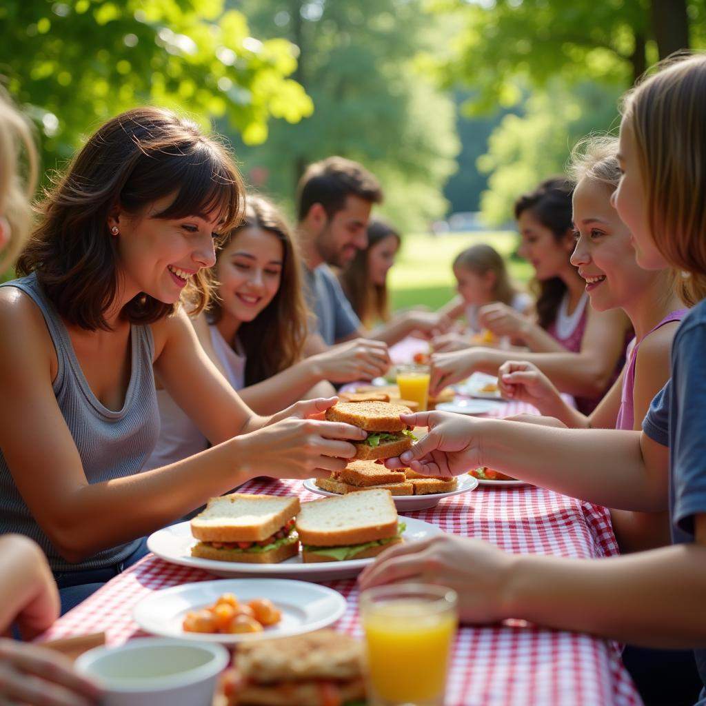 People Exchanging Sandwiches at a Community Picnic