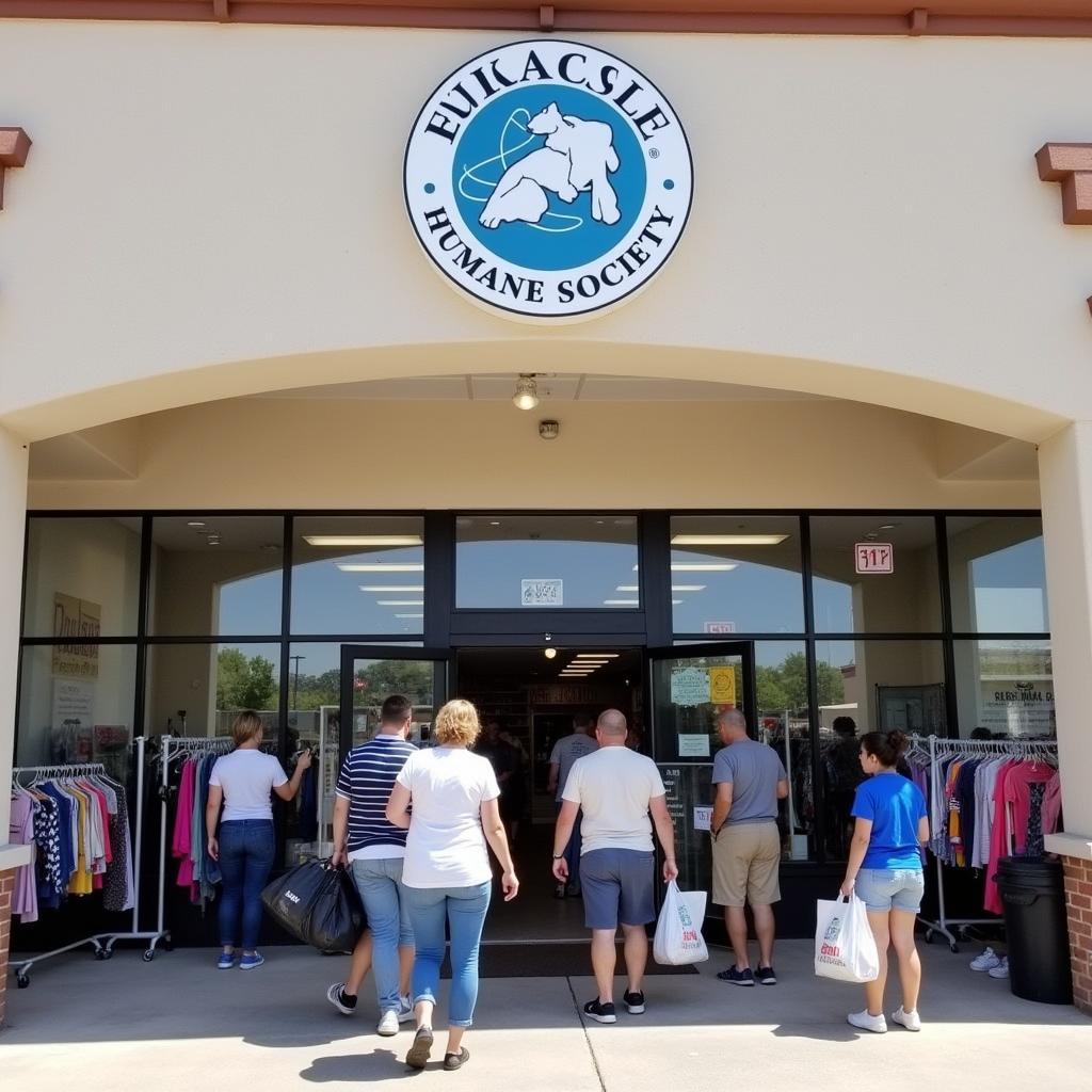 The exterior of the Whatcom Humane Society Thrift Shop, with shoppers entering and exiting