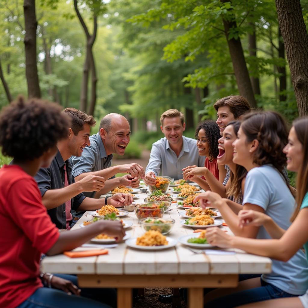 A diverse group of people sharing a meal together outdoors