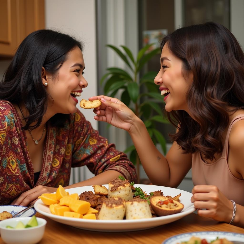 Two individuals from different cultures sharing food and stories during a meal