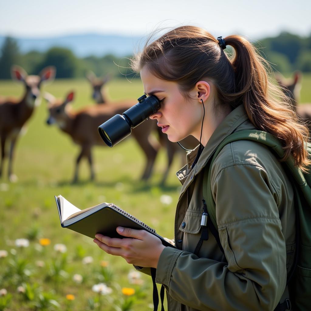 A wildlife biologist meticulously collecting data in the field