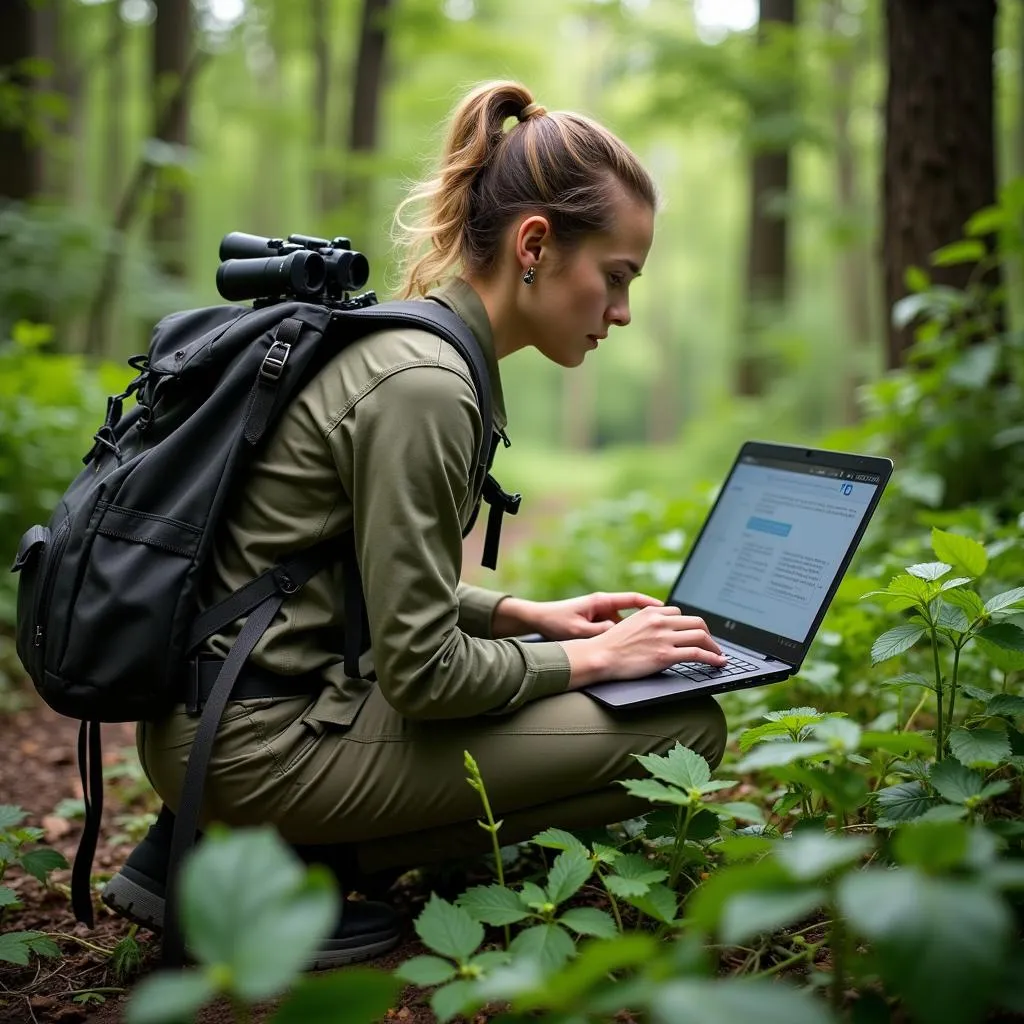 Wildlife biologist collecting data on a laptop in a forest setting