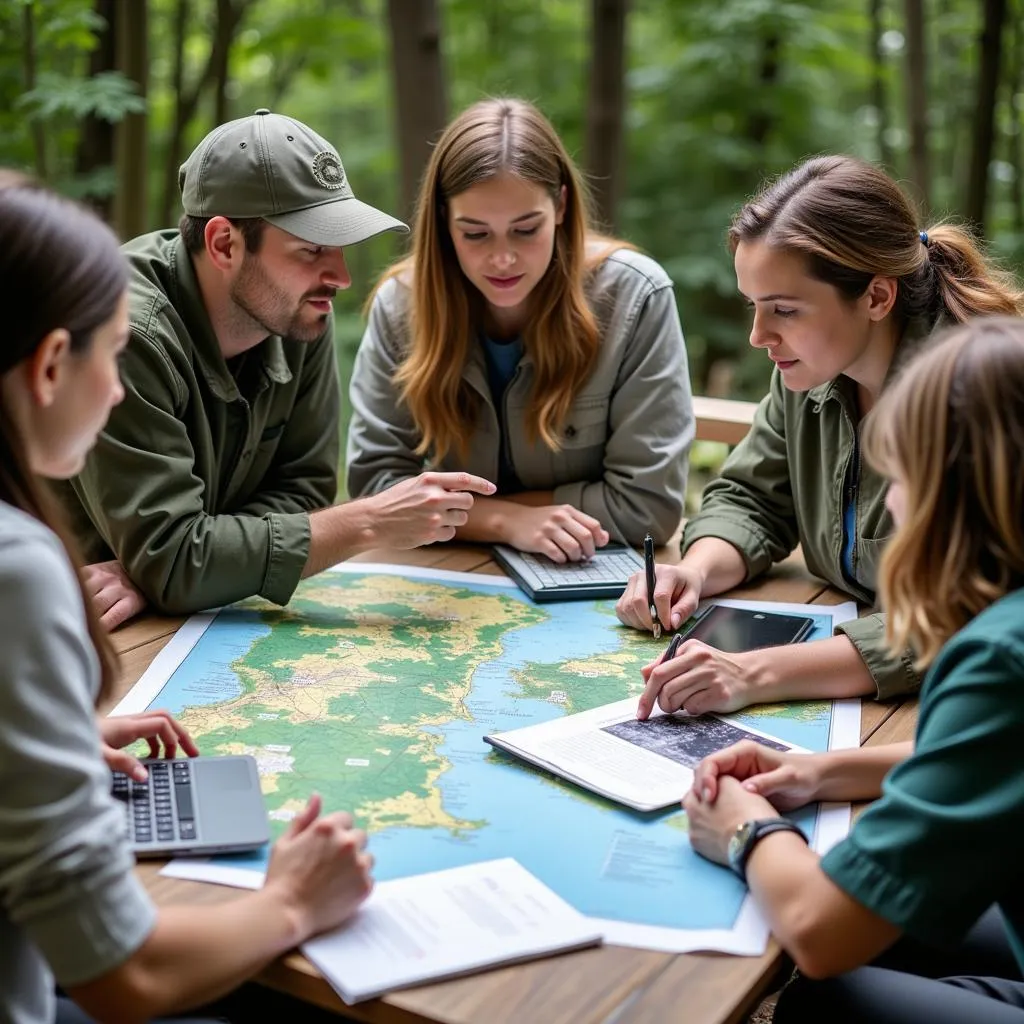 Group of wildlife conservationists discussing strategies in a meeting