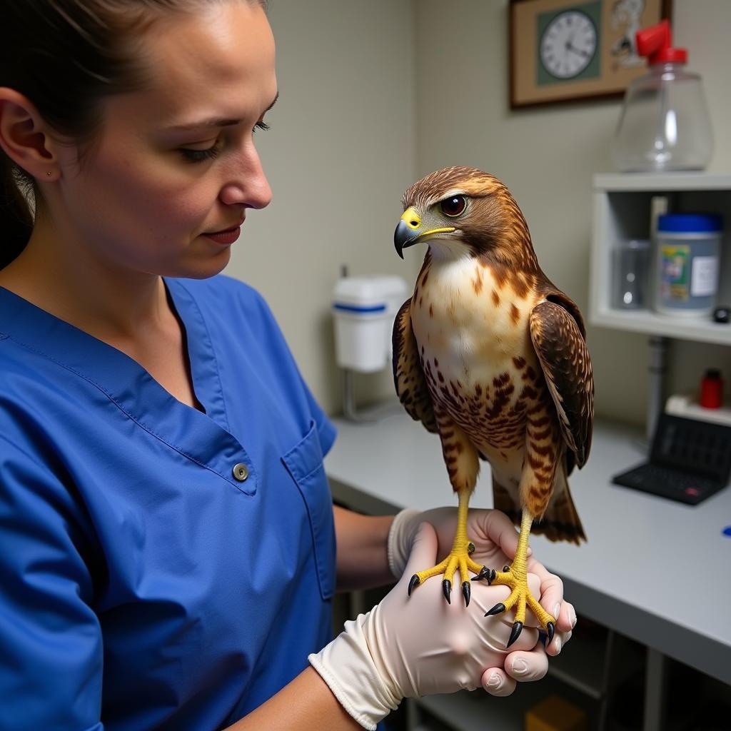 Veterinarian examining a hawk at the Ramona Wildlife Center