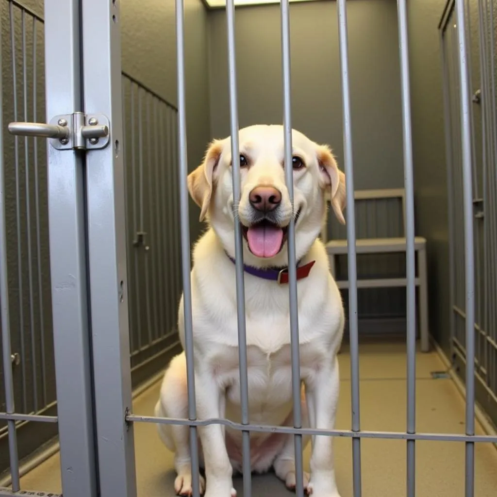 Dog patiently waiting in a kennel at the Wilkes Humane Society