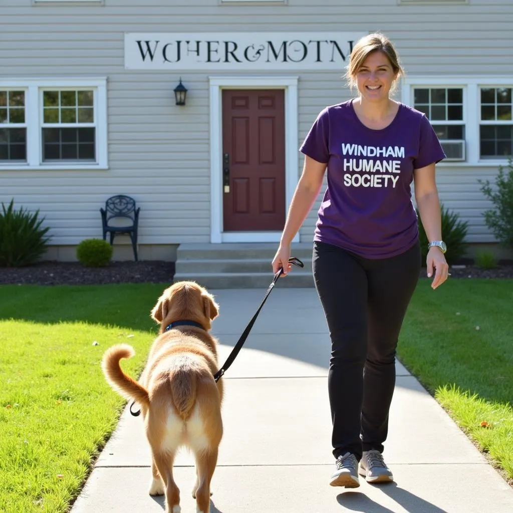 A volunteer walks a dog outside the Windham Humane Society