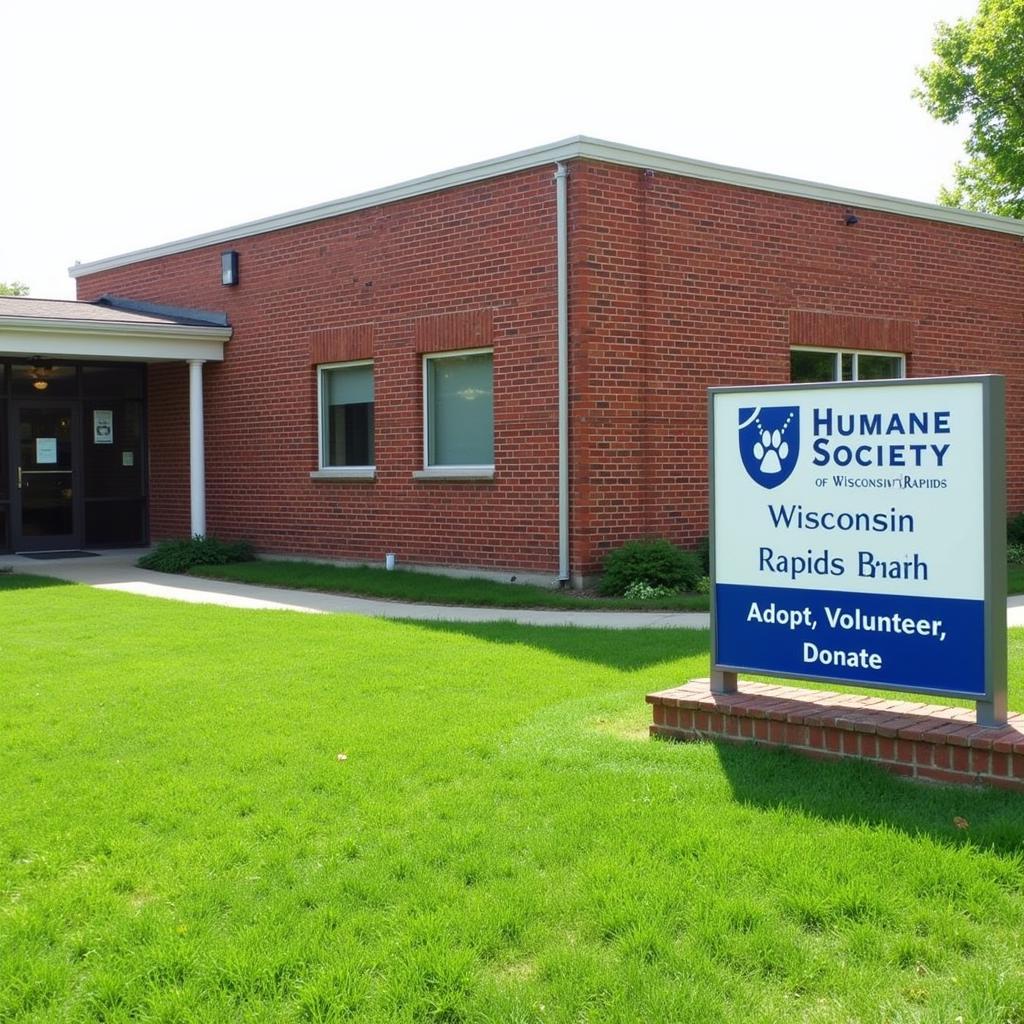 The Humane Society of Wisconsin Rapids building, with a welcoming facade and a sign promoting pet adoption.