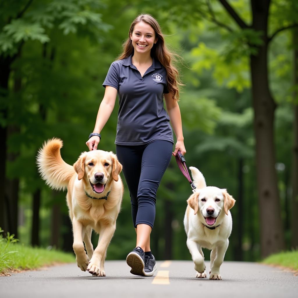 A volunteer walks a happy dog on a leash outside the Humane Society of Wisconsin Rapids. 