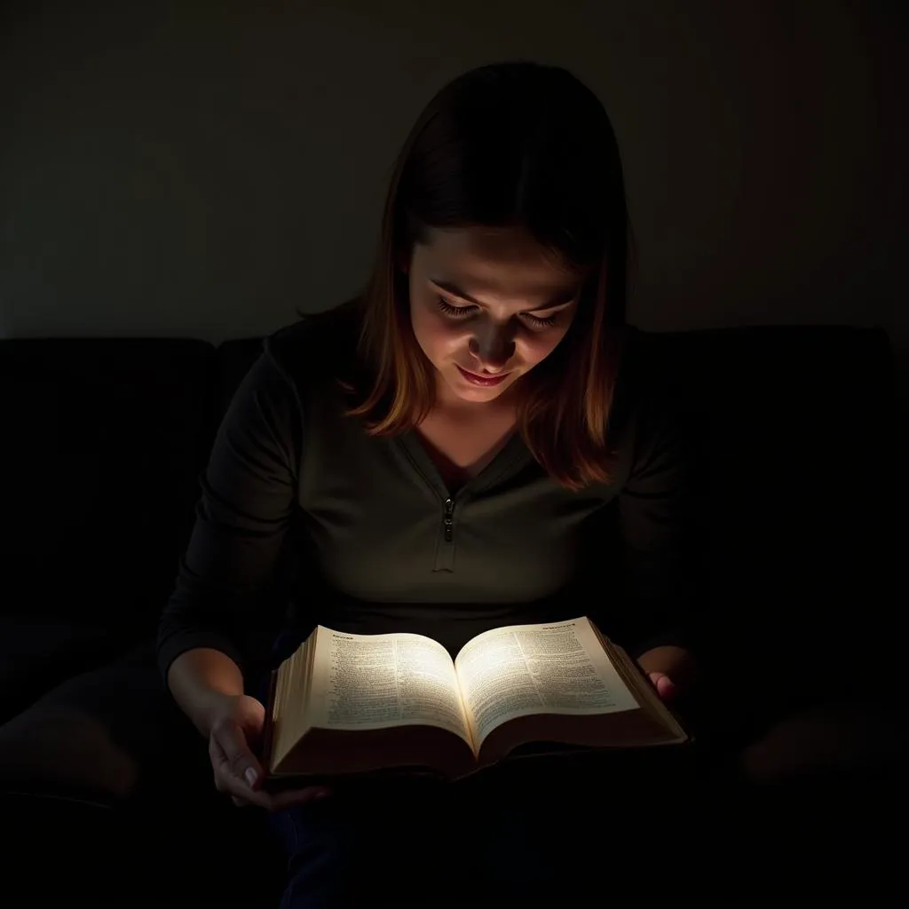 A woman, visibly distraught, finds solace and strength while reading a Bible in a dimly lit room, surrounded by the remnants of a crisis.