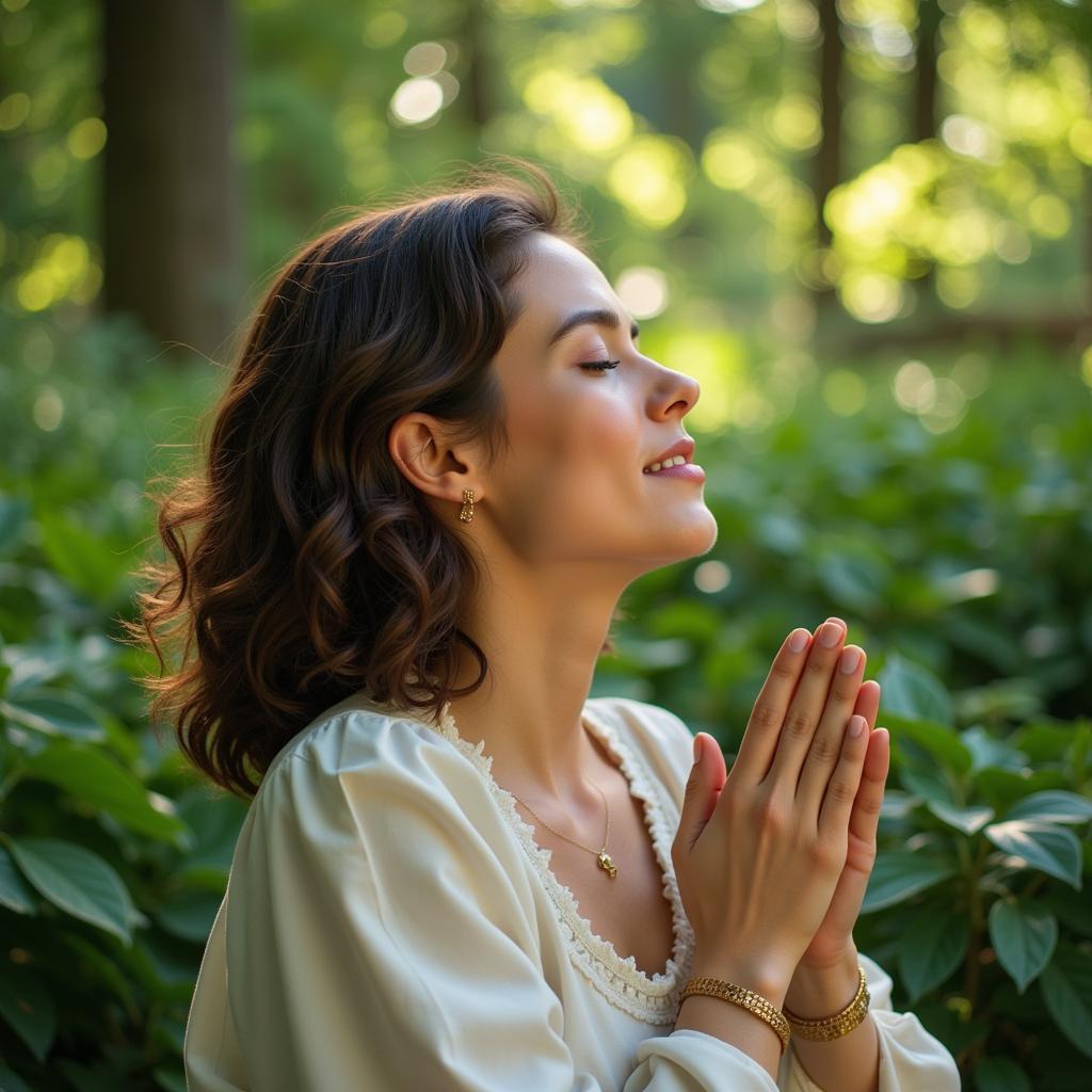 A serene woman with a peaceful expression meditates amidst a vibrant field of wildflowers, bathed in soft, natural light.