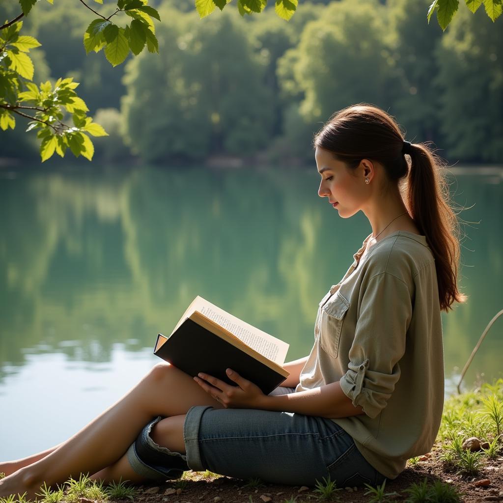 Woman finding peace and solitude while reading a book by a lake