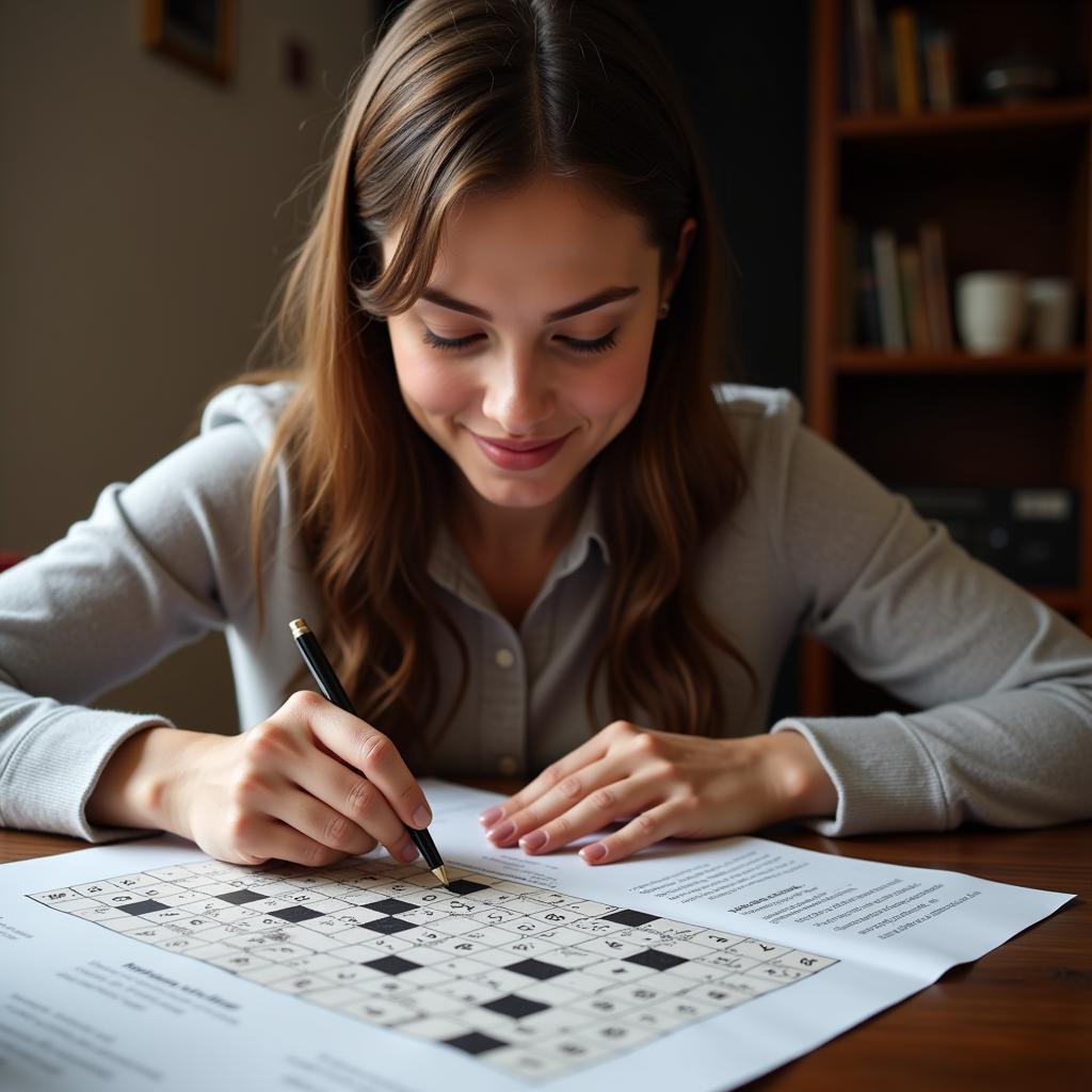 Smiling woman enjoys solving a crossword puzzle