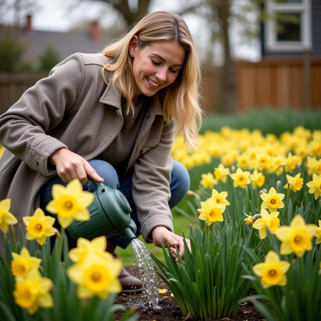 Woman Tending a Daffodil Garden