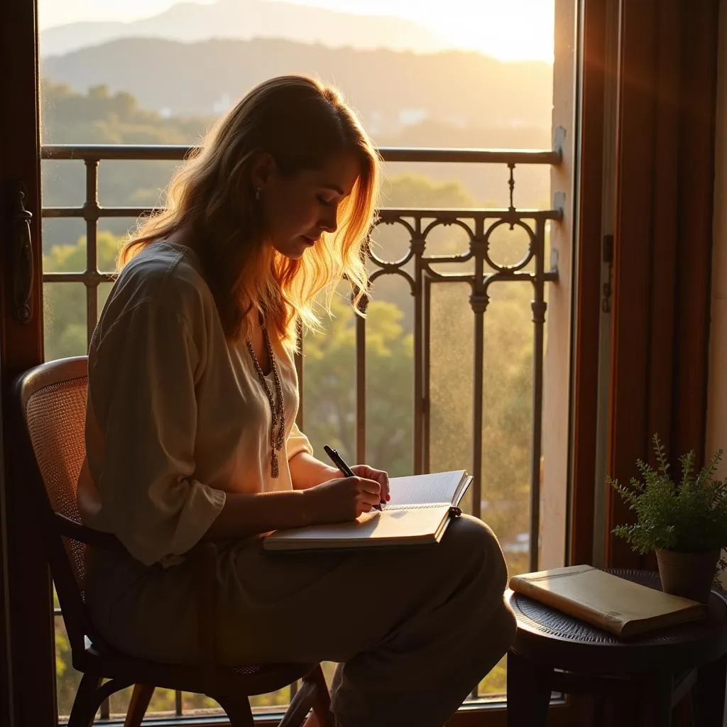 Woman finding privacy by journaling on a sunny balcony