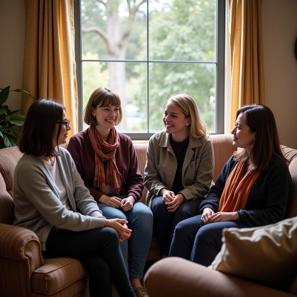 Women connecting and supporting each other at a shelter