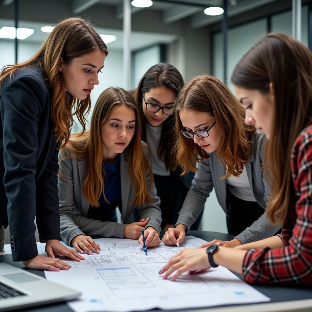 A team of diverse women engineers working together on a project, showcasing teamwork and problem-solving skills.