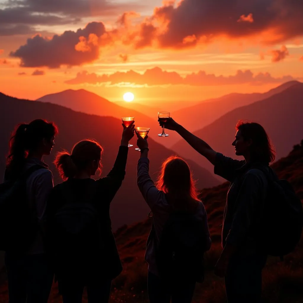 Women Hikers Toasting With Wine Glasses at Sunset