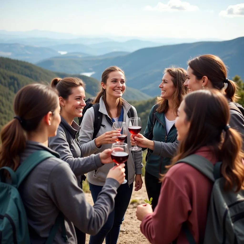 Women Hiking and Enjoying Wine at Mountain Summit