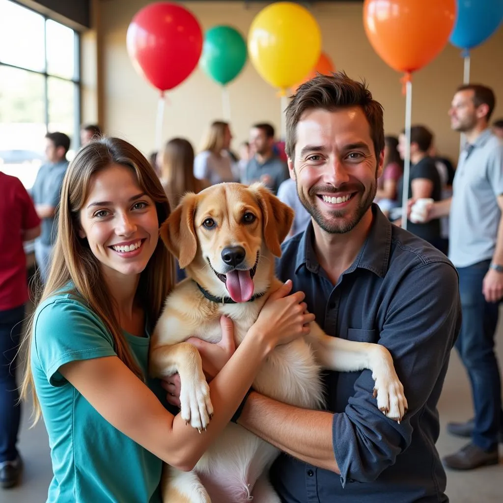 Family smiling with their newly adopted dog at a Wood County Humane Society adoption event