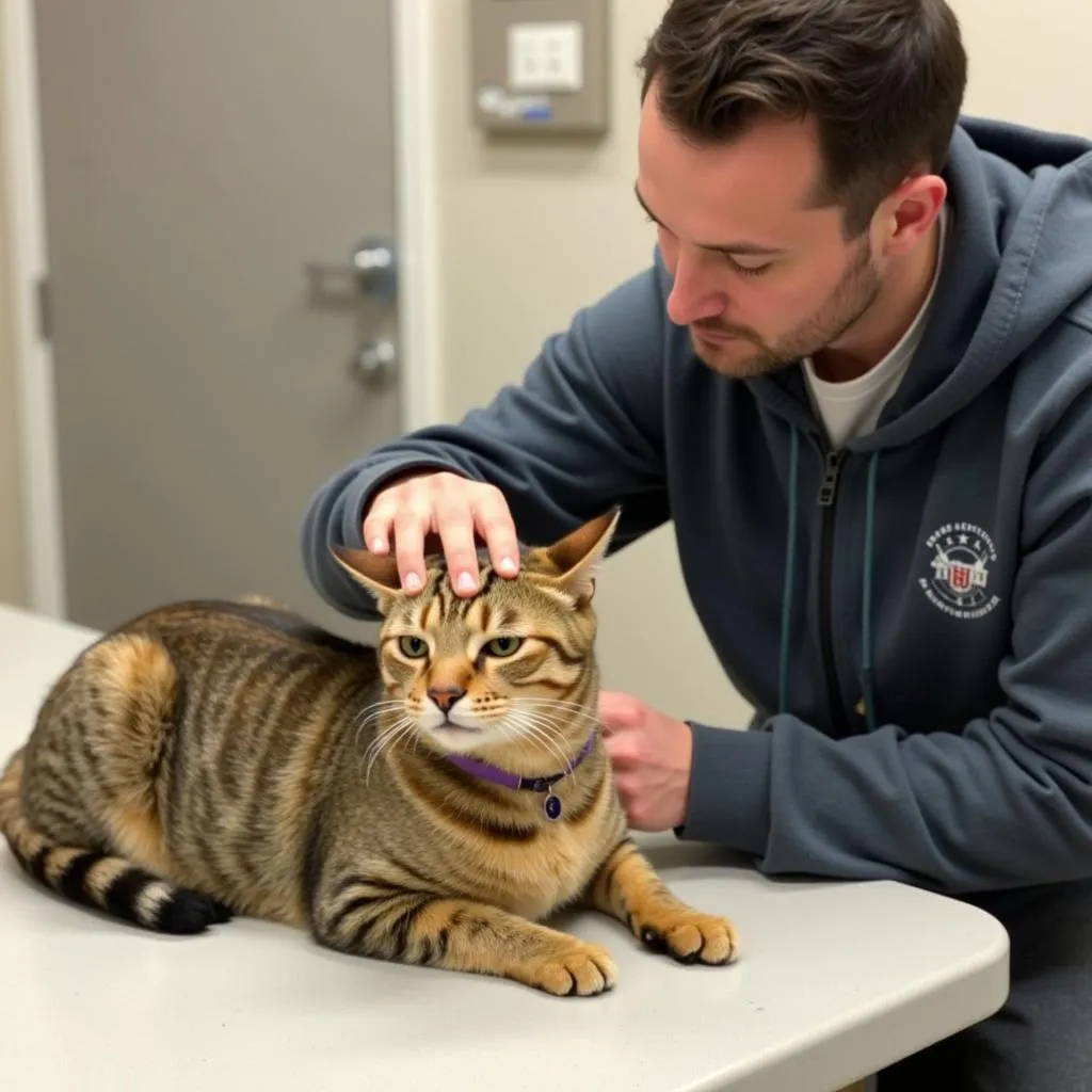 Volunteer gently petting a content cat at the Wood County Humane Society