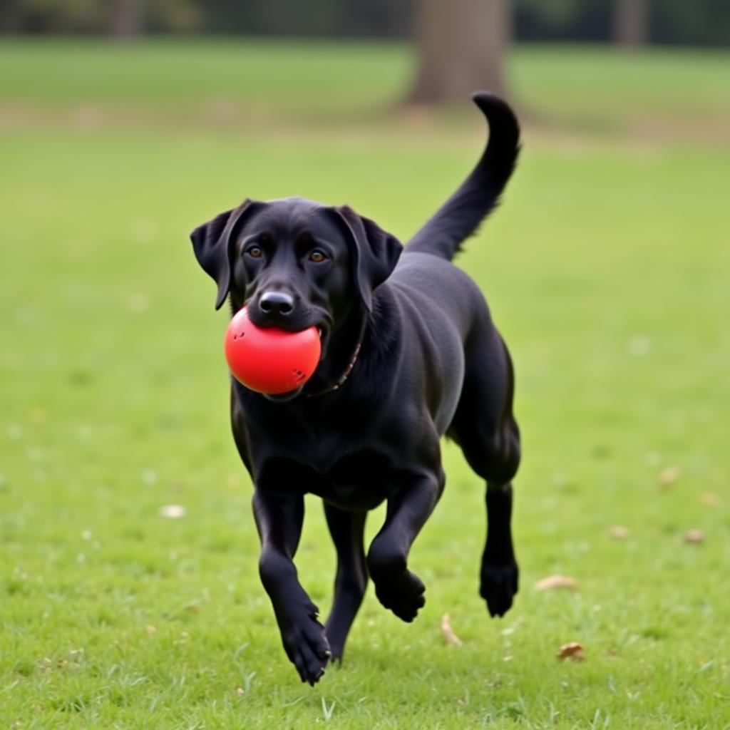  A happy adopted dog playing fetch in the park