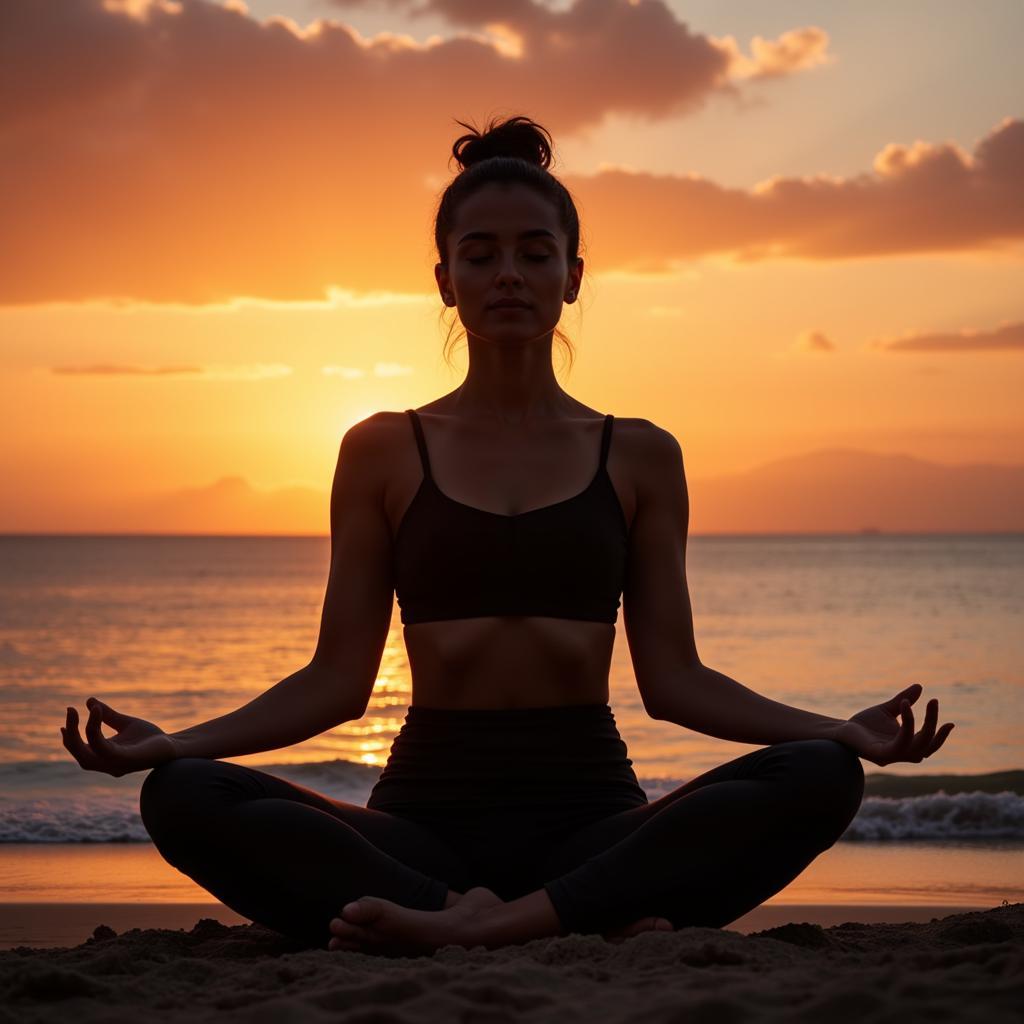 Yoga and Mindfulness in Palm Beach:  A woman meditates peacefully in a lotus position on a quiet beach at sunset.