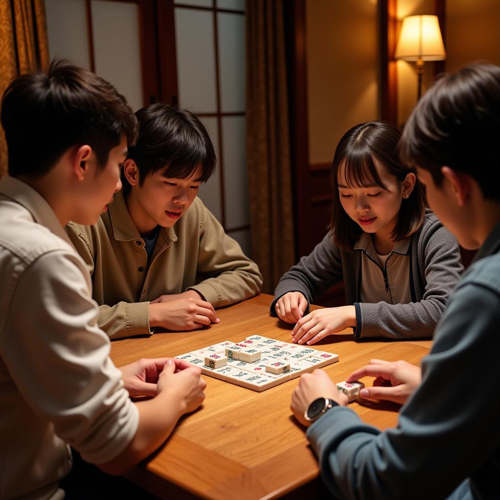 Young adults learning to play American mahjong from experienced players