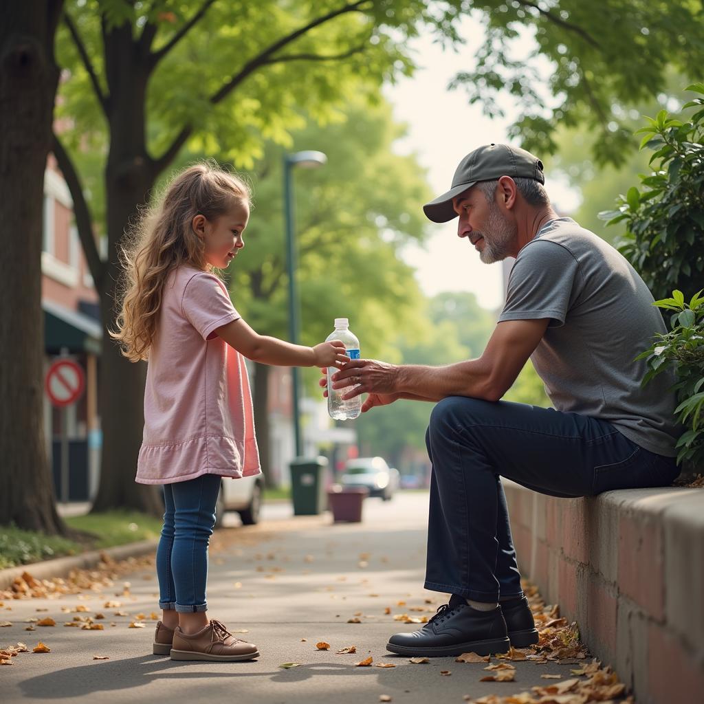 Girl Giving Water to Homeless Man