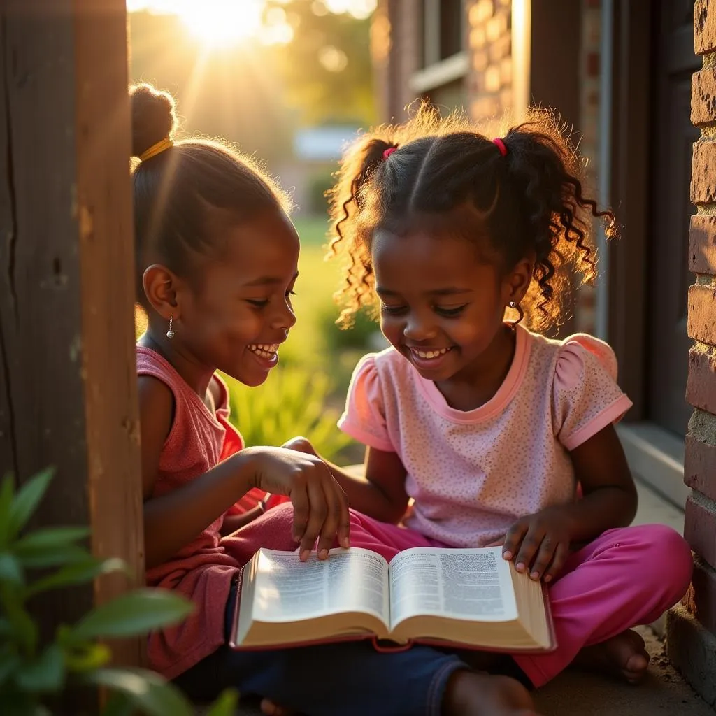 A young girl with a bright smile, sitting on a porch, intently reading a Bible with the help of a volunteer.