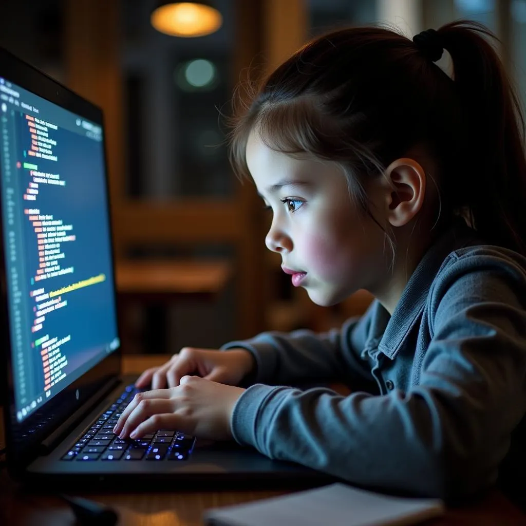 Young Girl Using Laptop at Coding Workshop