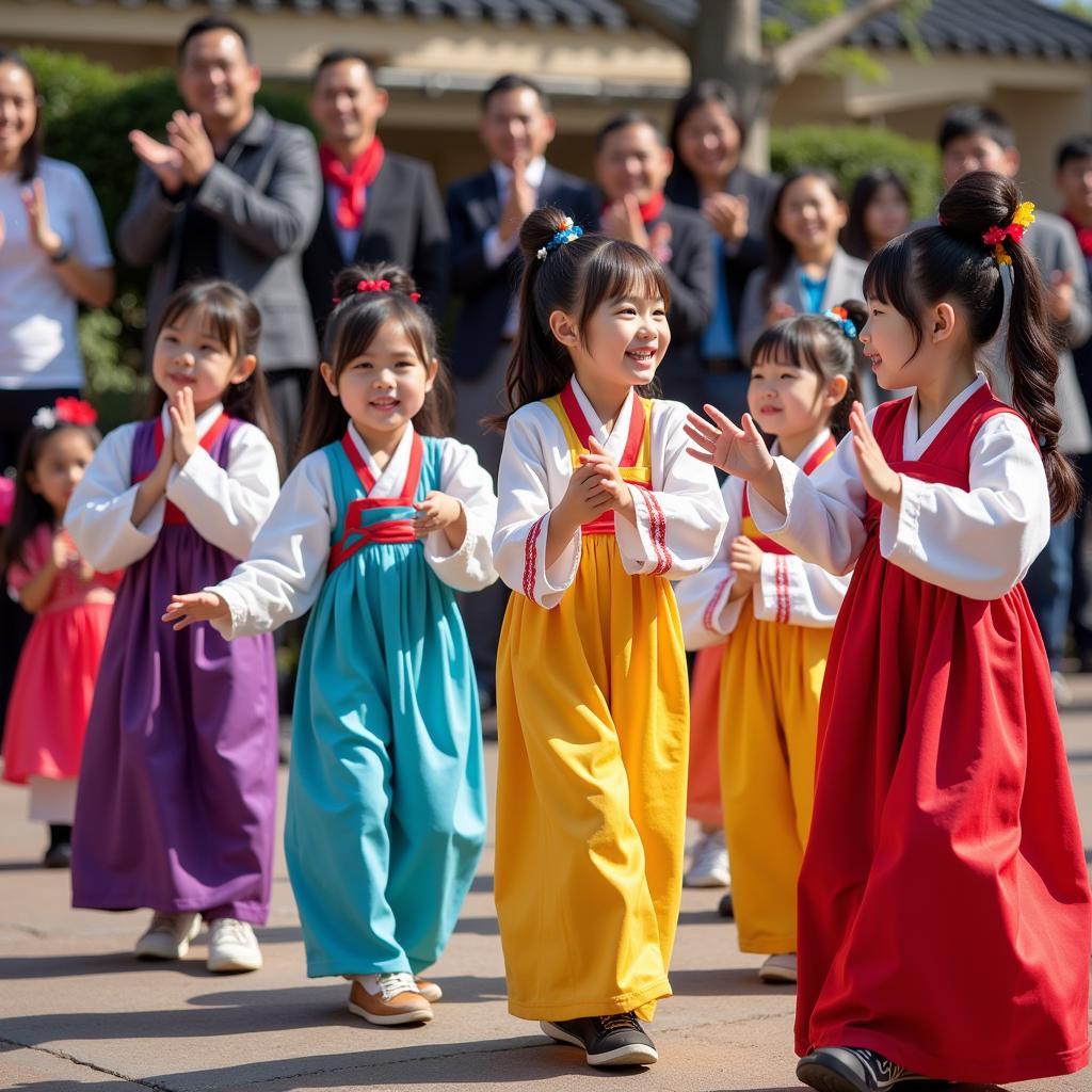 Young Korean-Americans performing traditional dance in Koreatown