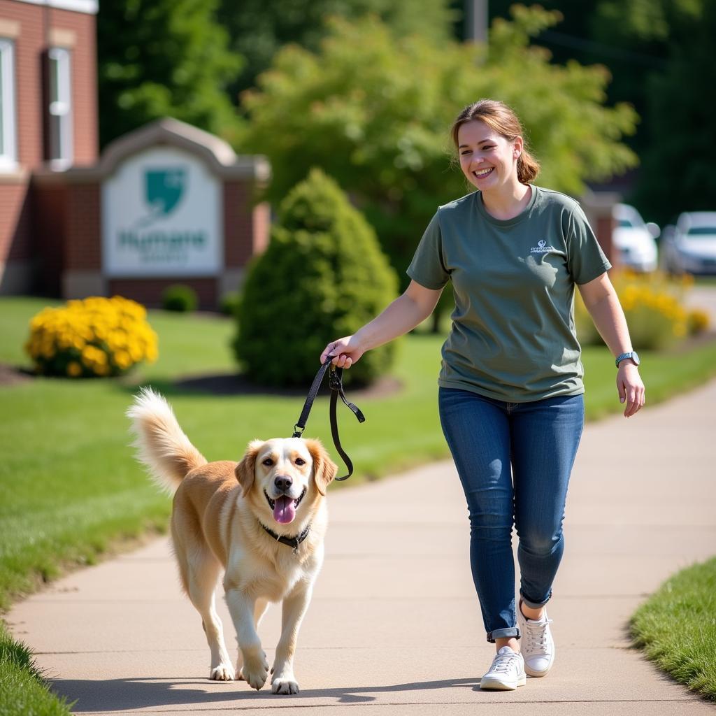 Volunteer walking a happy dog outside the Zanesville Ohio Humane Society.