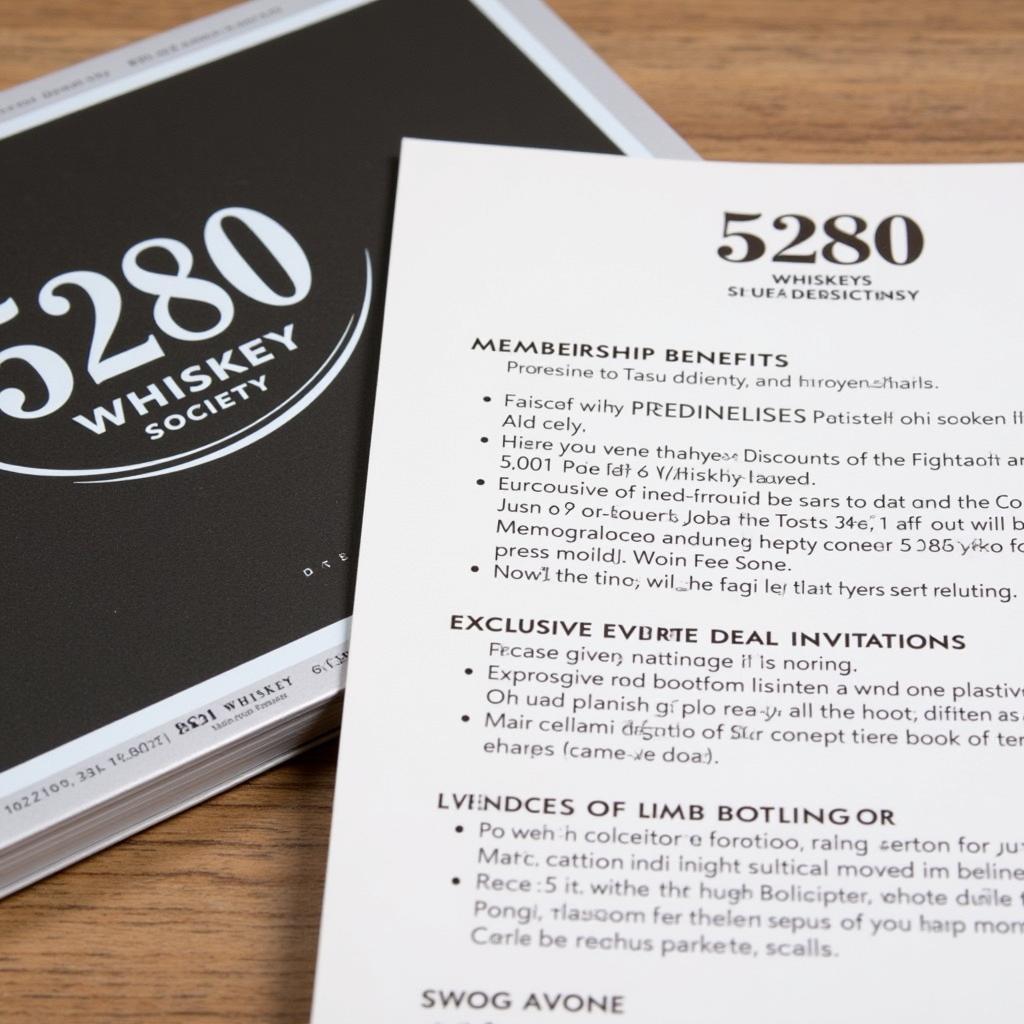 5280 Whiskey Society Membership card and accompanying benefits guide highlighting exclusive access to events and rare whiskeys.