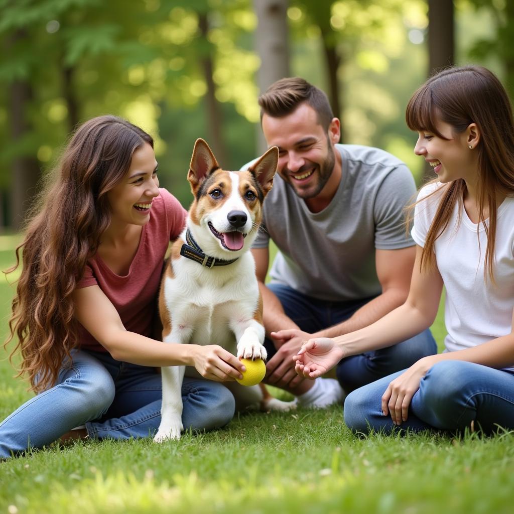 A happy family with their newly adopted dog.