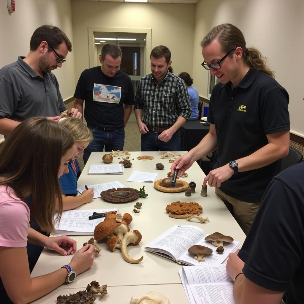 Participants identifying mushrooms at an Alabama Mushroom Society workshop