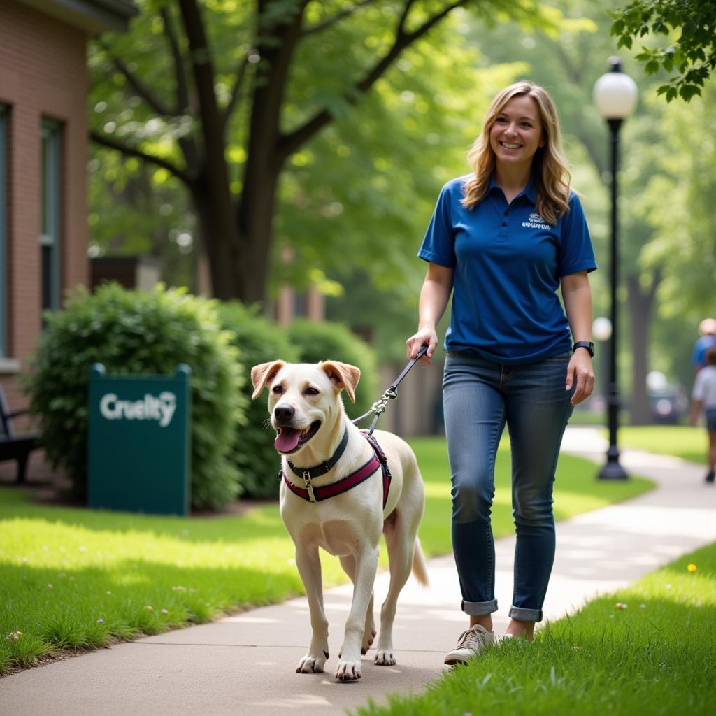 Volunteer walking a dog at the Anti Cruelty Society Chicago