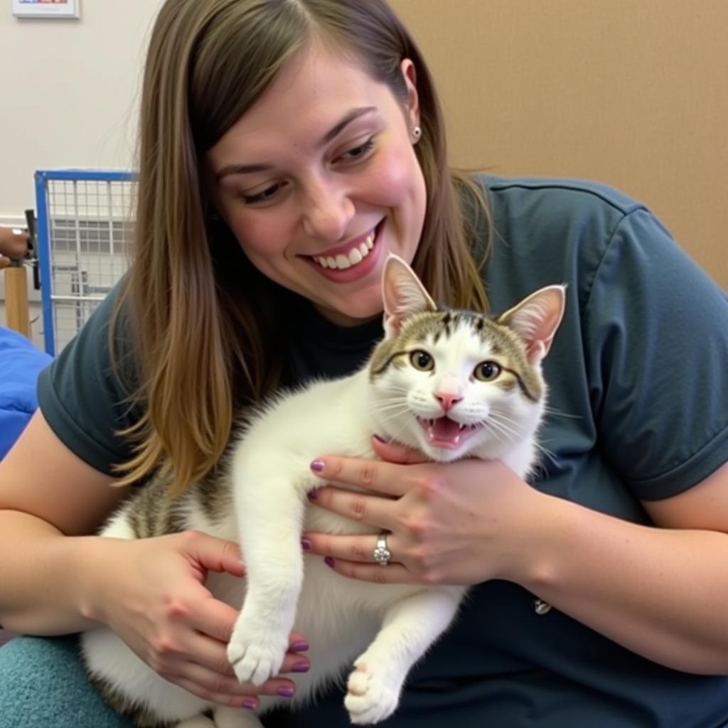 Volunteer cuddling a cat at an anti-cruelty society