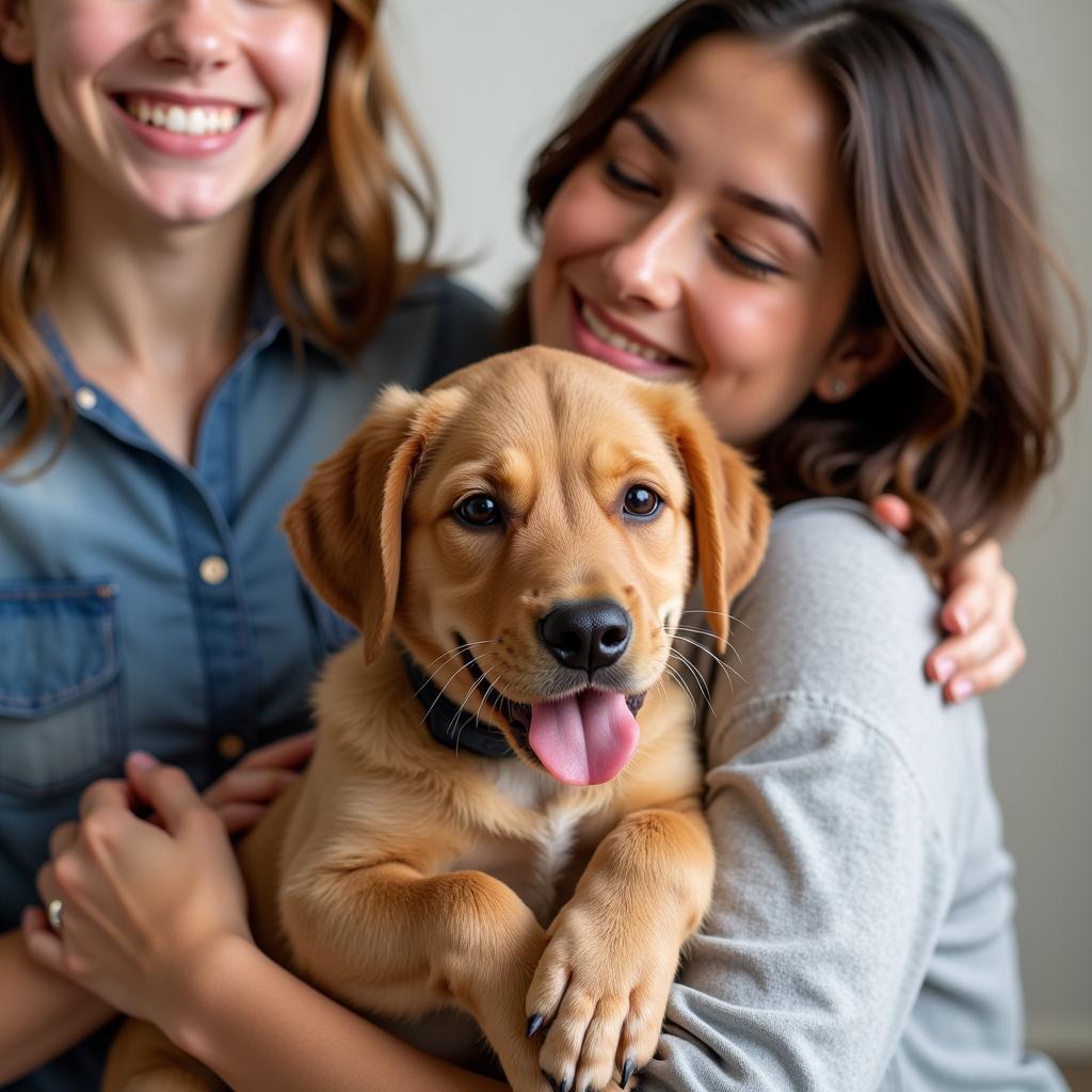 A newly adopted puppy with its forever family