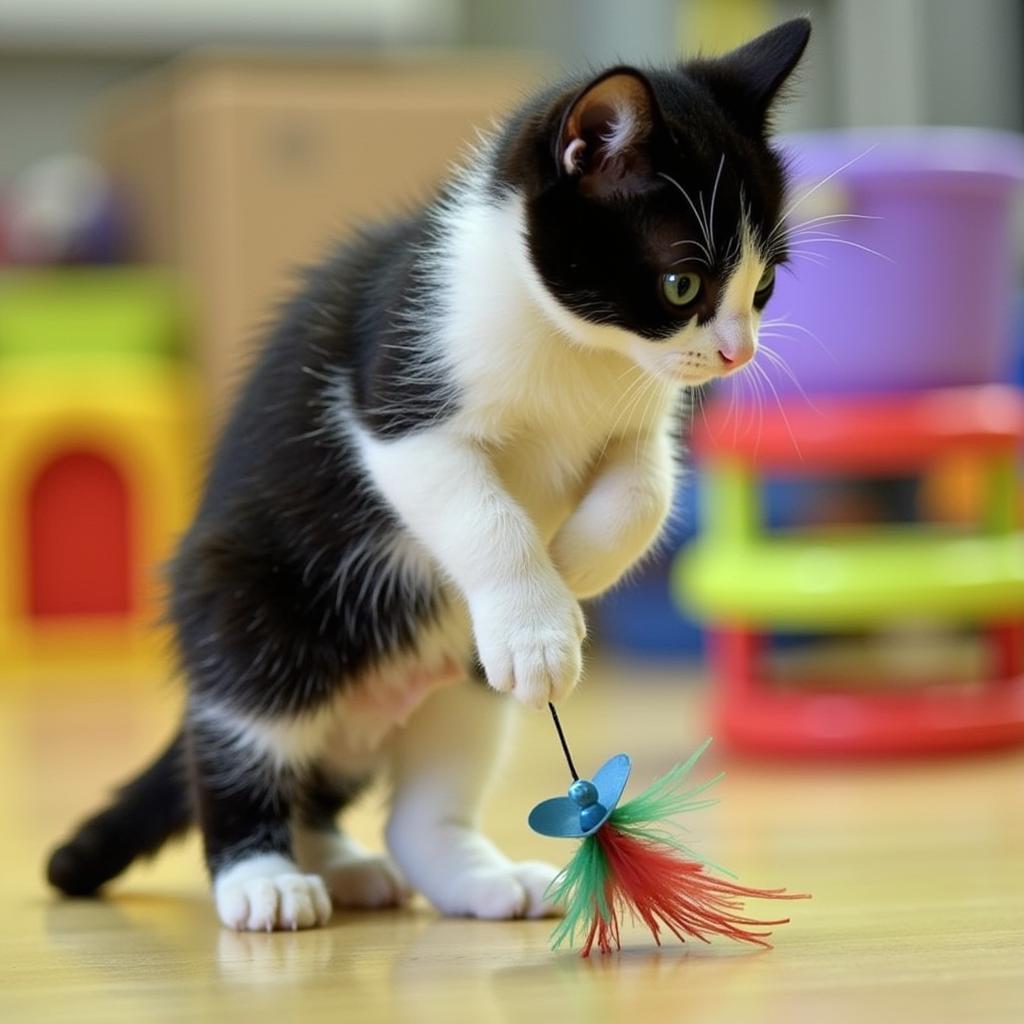 A playful cat batting at a toy at the Bangor Humane Society