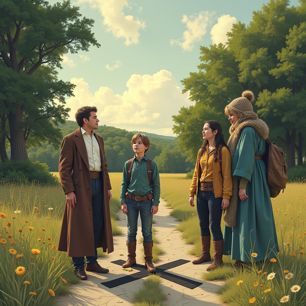 The four main characters standing at a crossroads, symbolizing the difficult choices they face in the book.