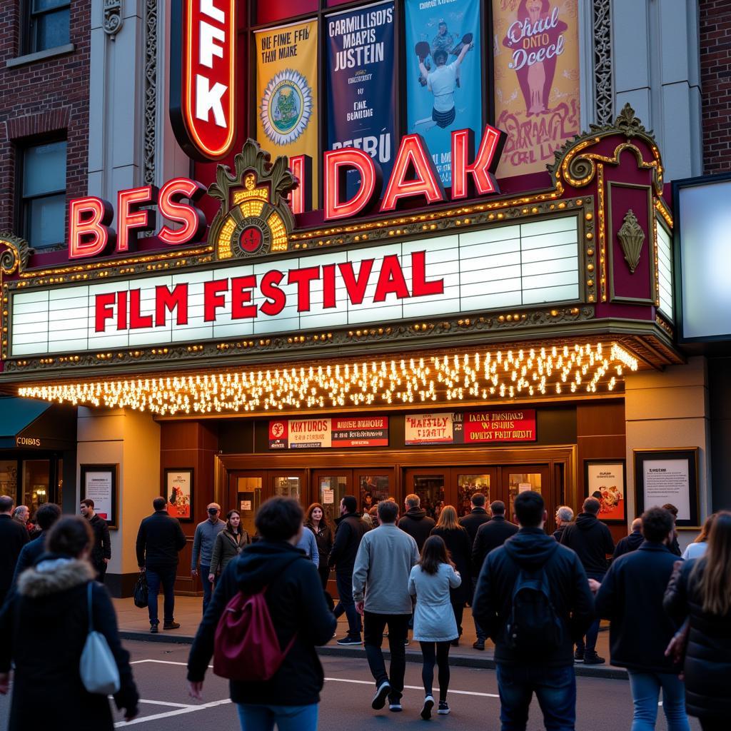 Bozeman Film Society Film Festival: A bustling crowd gathers outside a theater, showcasing posters and banners advertising the festival's diverse film selection.