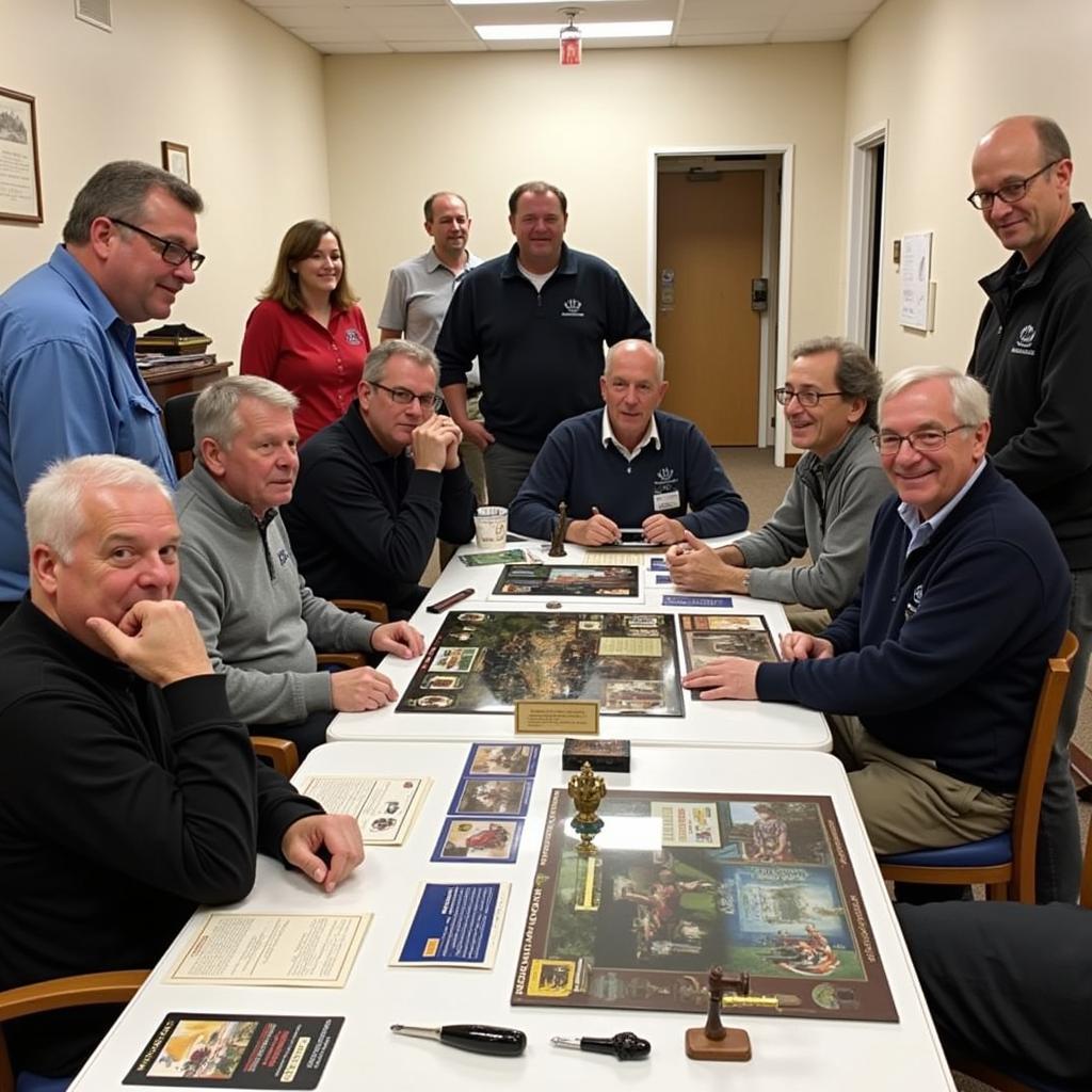 Burlington Route Historical Society Members Meeting - Photo of a group of BRHS members gathered for a meeting, engaging in discussions and sharing their passion for railroad history.