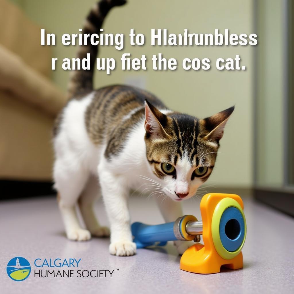 A playful cat enjoying enrichment activities at the Calgary Humane Society