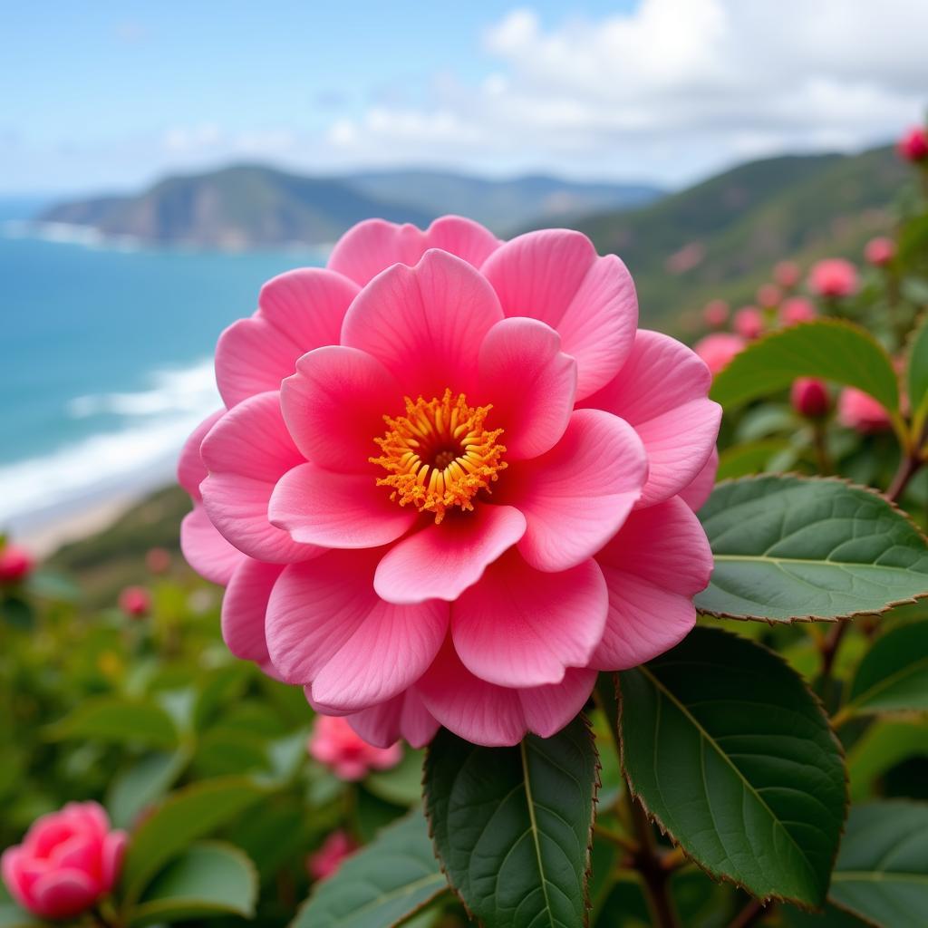 A Vibrant Camellia Bloom on the Atlantic Coast