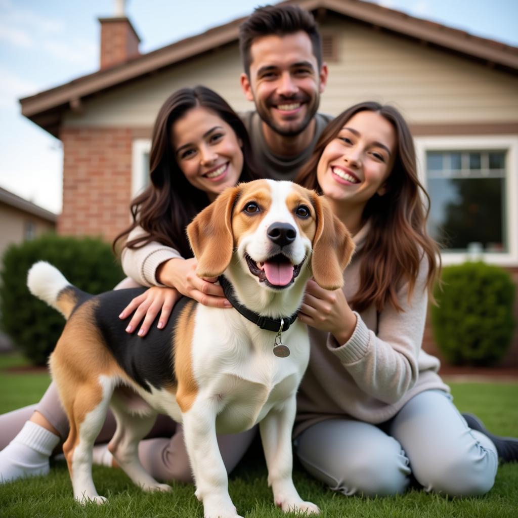 A family happily welcomes their newly adopted dog into their home, a heartwarming success story from the Canyon Lake Animal Shelter Society.