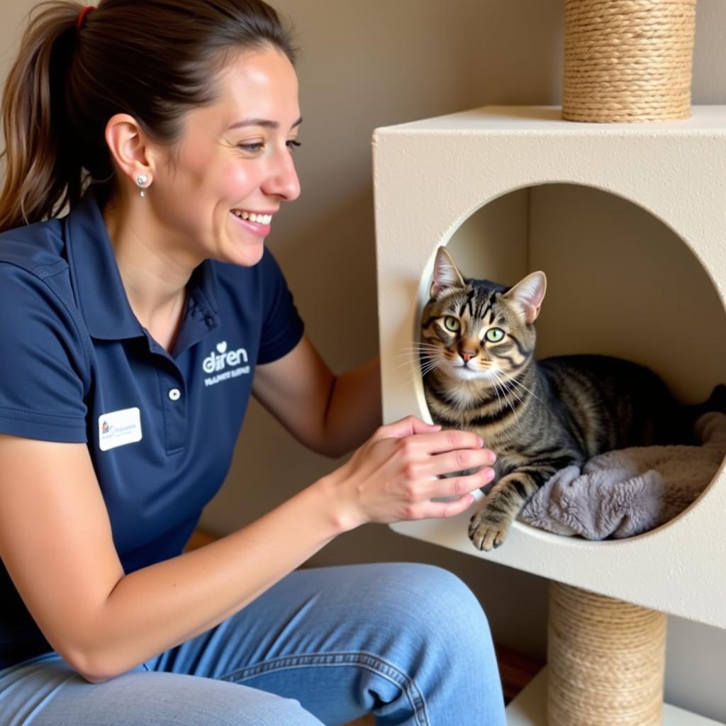 Volunteer Comforting Cat at Canyon Lake Shelter