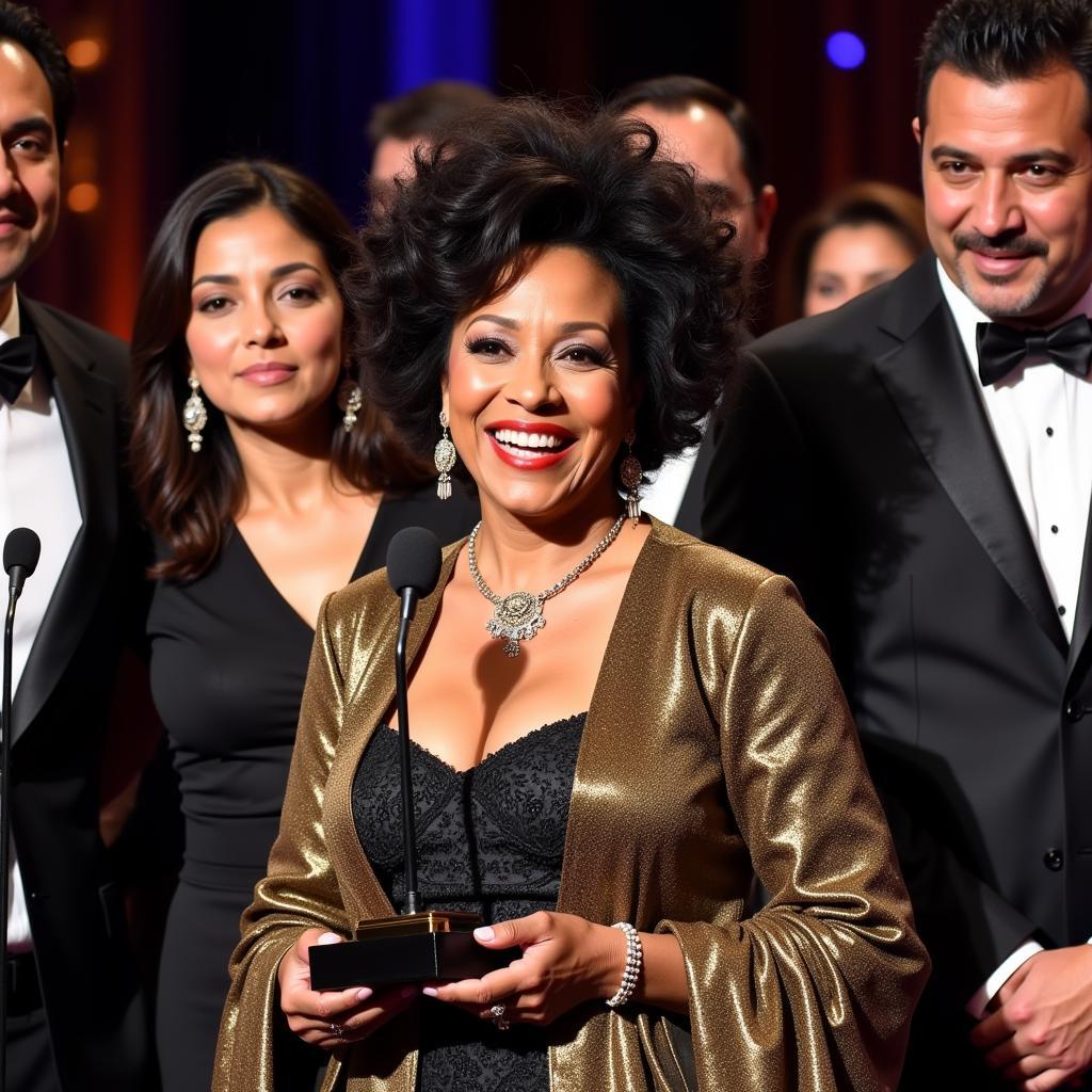 Celia Cruz receiving a lifetime achievement award, showcasing her impact as a cultural icon.