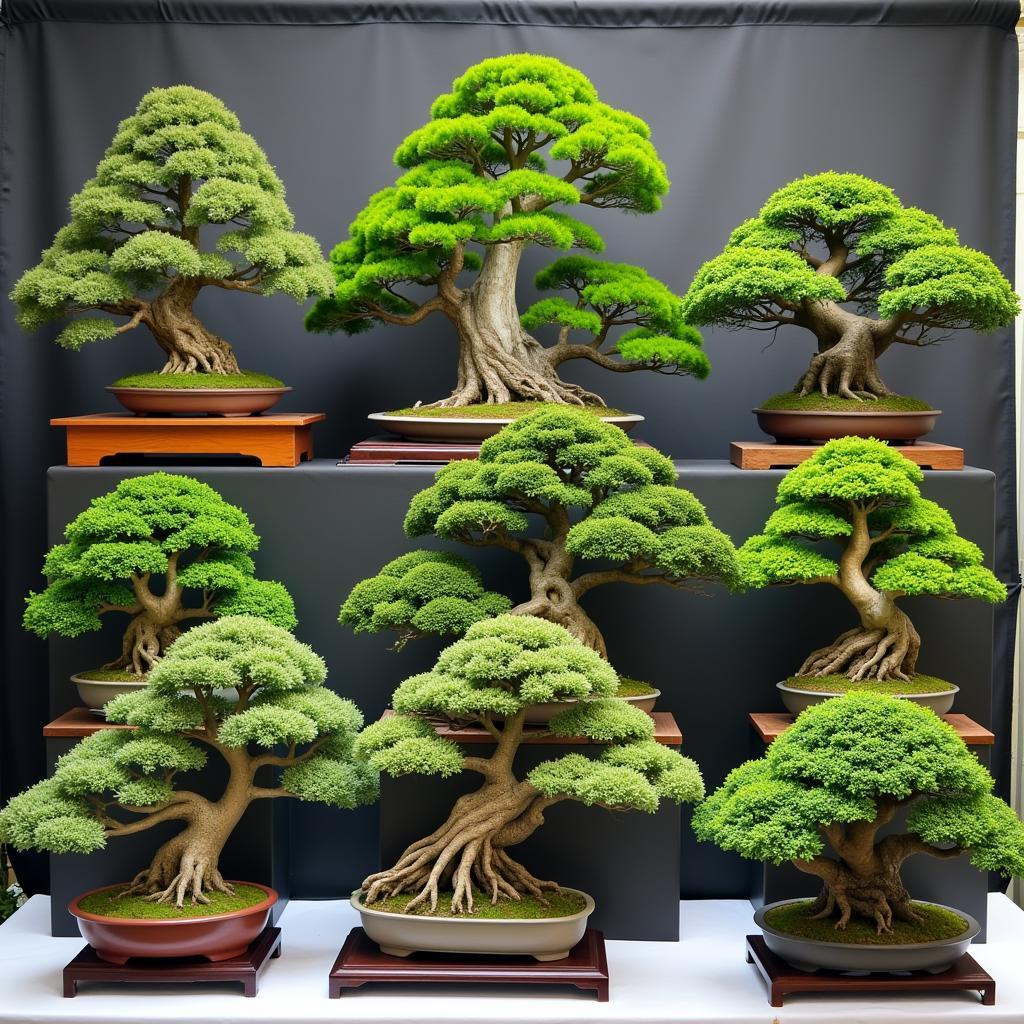 A display of bonsai trees at a Columbus Bonsai Society exhibition