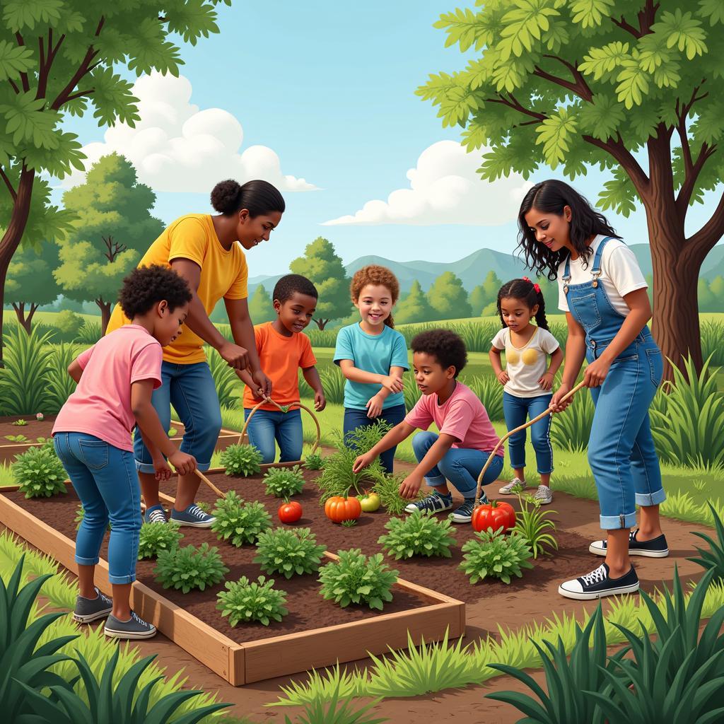 Community Collaboration in Rebuilding:  Diverse group of people working together on a community garden after a societal disruption.